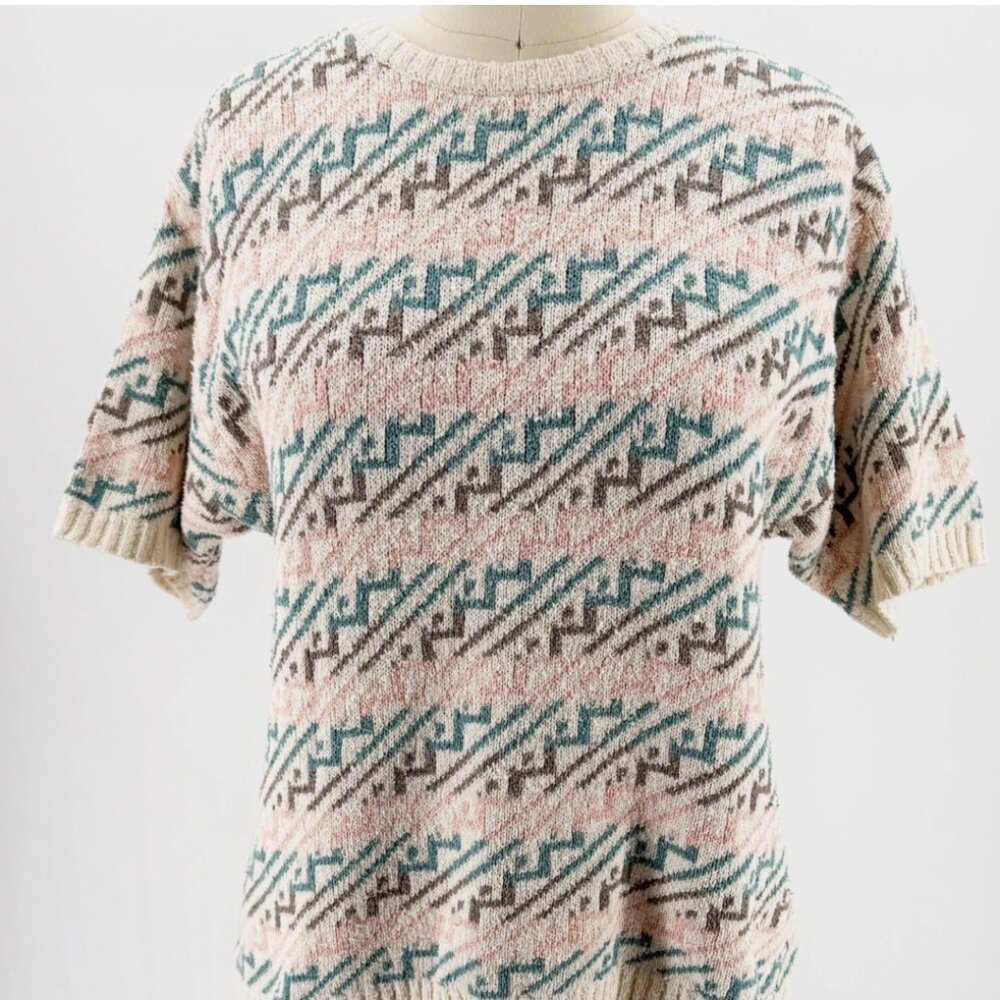 JH Collectibles Cream & Pink Silk Blend Aztec Geometric Knit Sweater Top M - Picture 7 of 7
